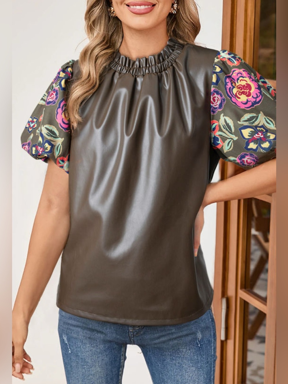 Faux Leather Puff Sleeve Top with Floral Sleeves